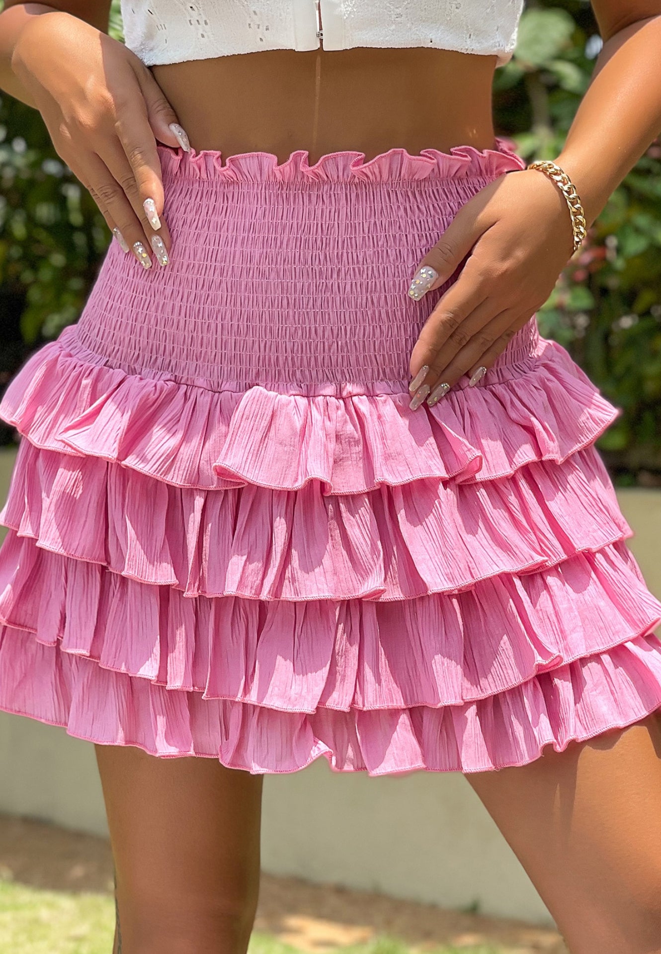Pink Gathered Layered Mini Frill Skirt – Playful & Chic
