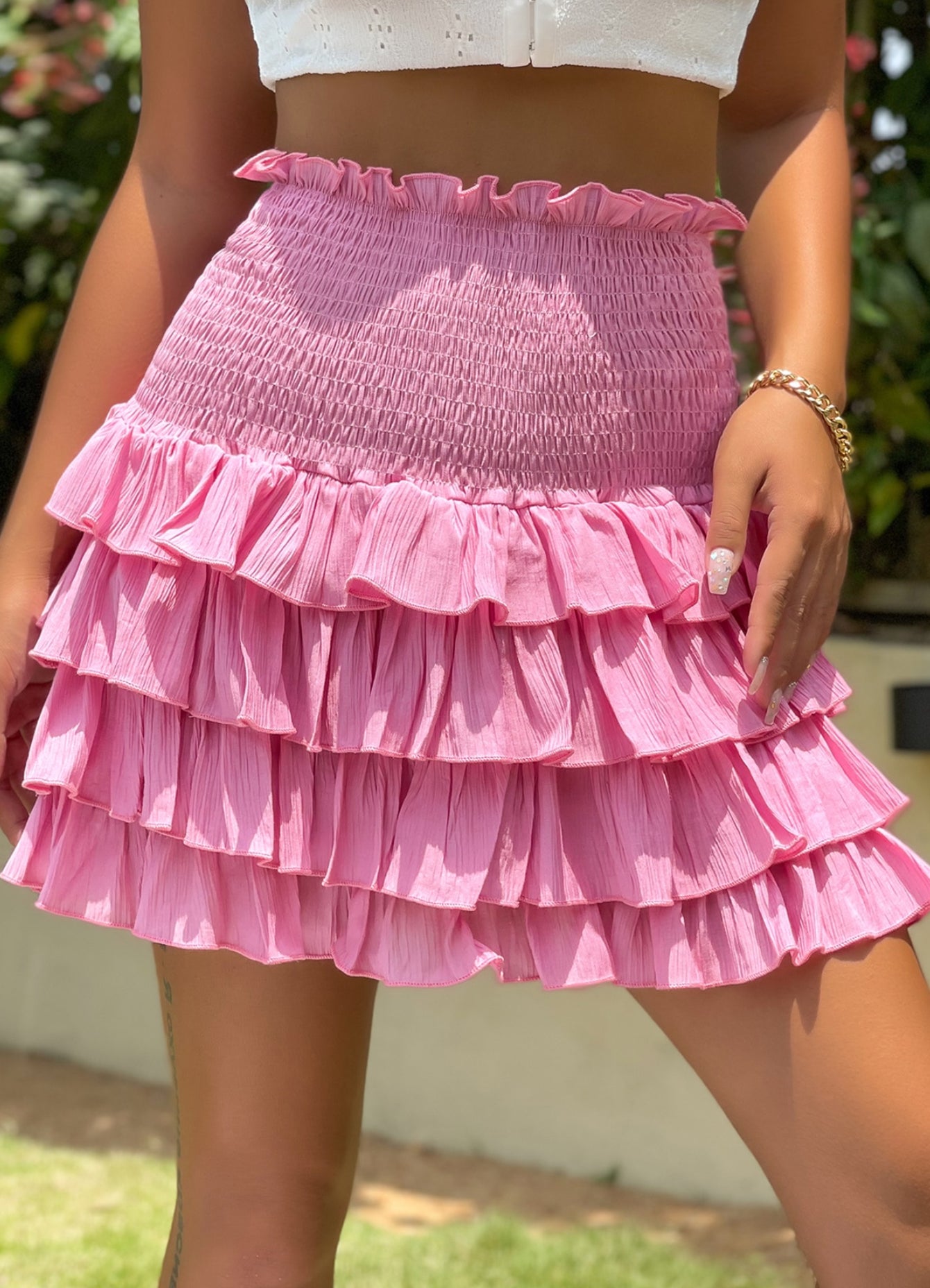 Pink Gathered Layered Mini Frill Skirt – Playful & Chic