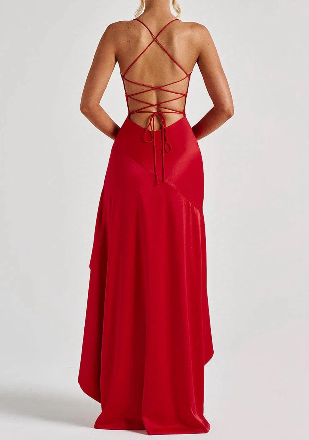 Elegant Long Satin Dress – Backless with Flared Frill Slit