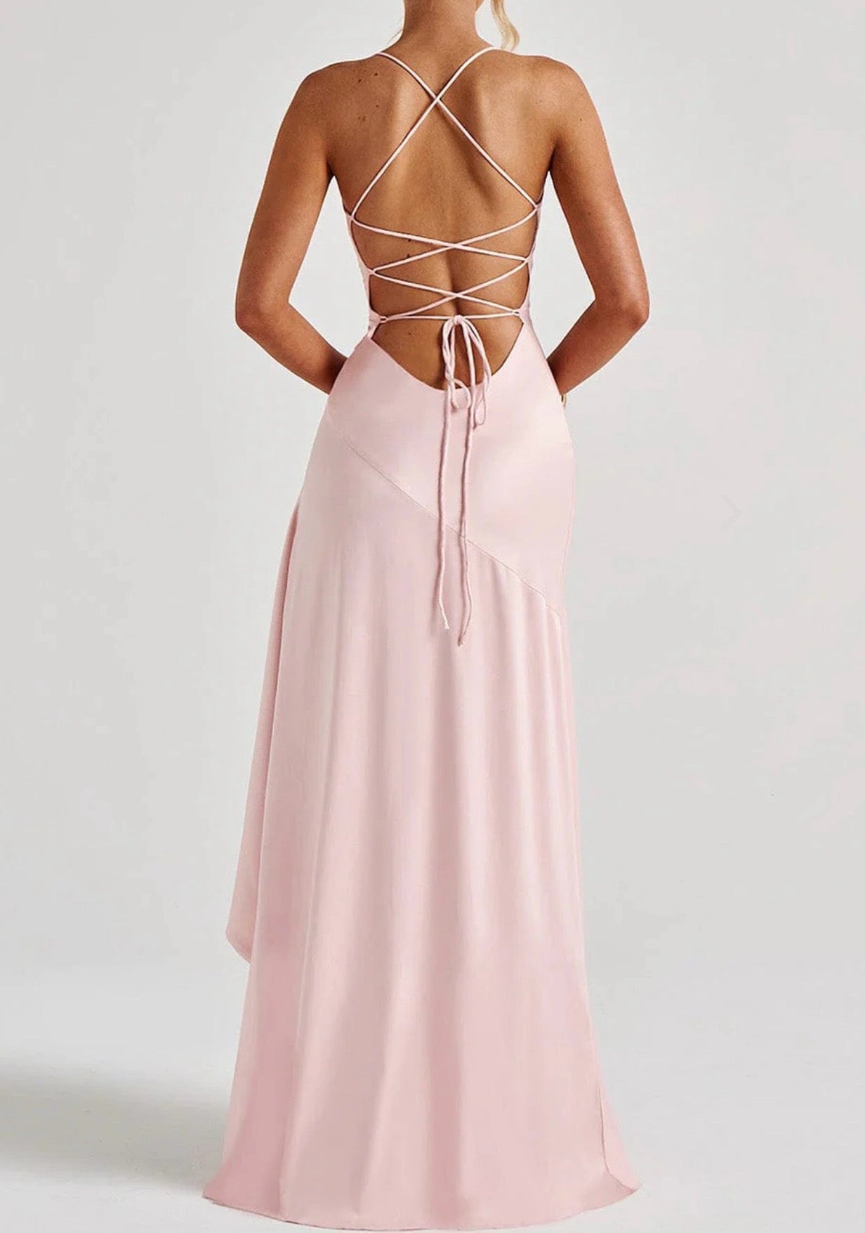 Elegant Long Satin Dress – Backless with Flared Frill Slit