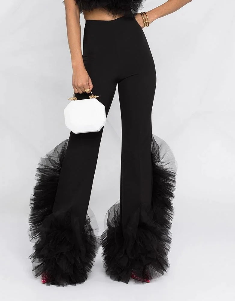 Black Colored Premium Tailored Net Flair Hem Pants