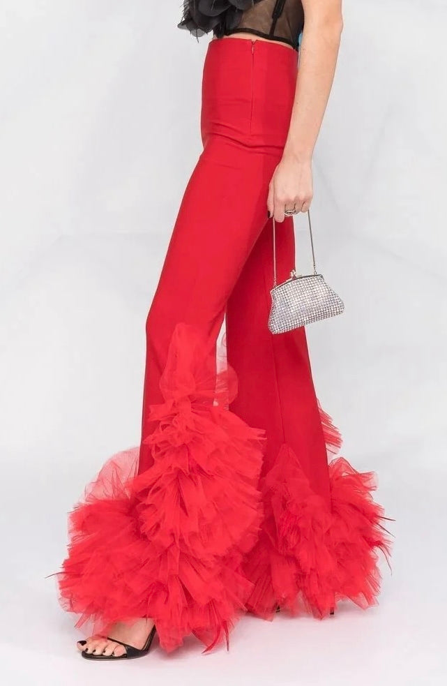 Red Colored Premium Tailored Net Flair Hem Pants