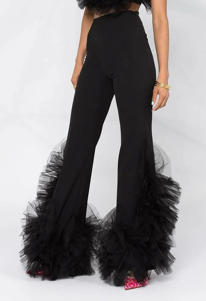 Black Colored Premium Tailored Net Flair Hem Pants