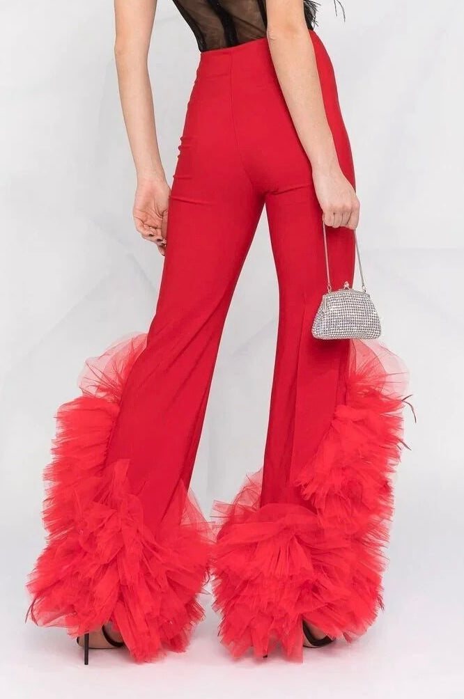 Red Colored Premium Tailored Net Flair Hem Pants