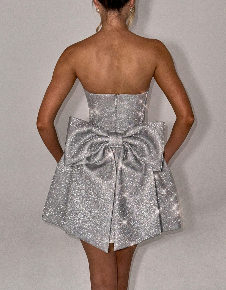 A Silver Glitter Bow Mini Dress BE BOSY A Silver Glitter Bow Mini Dress BE BOSY