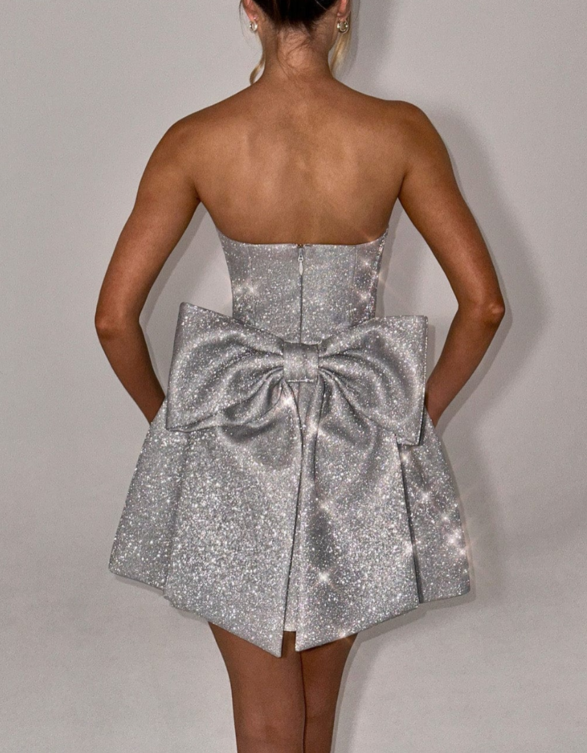 A Silver Glitter Bow Mini Dress