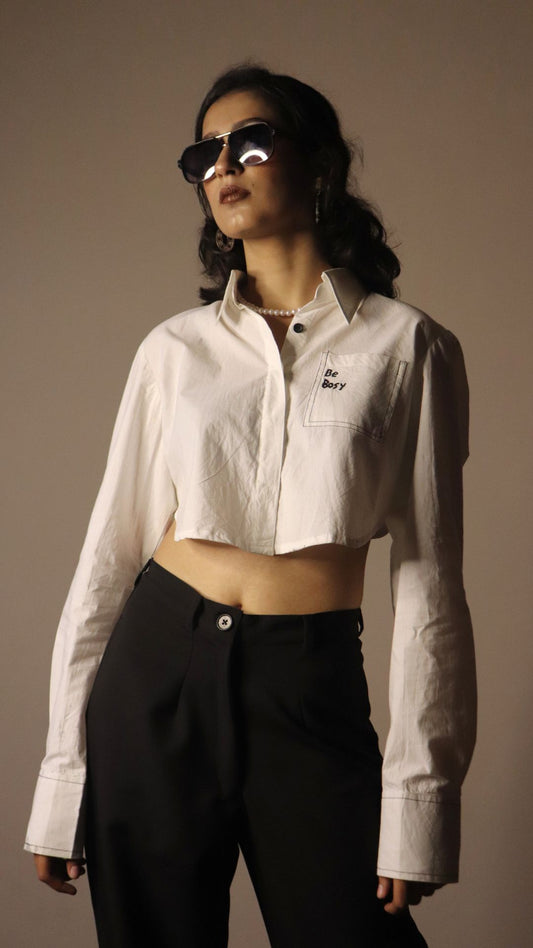 Embroidered White Crop Shirt