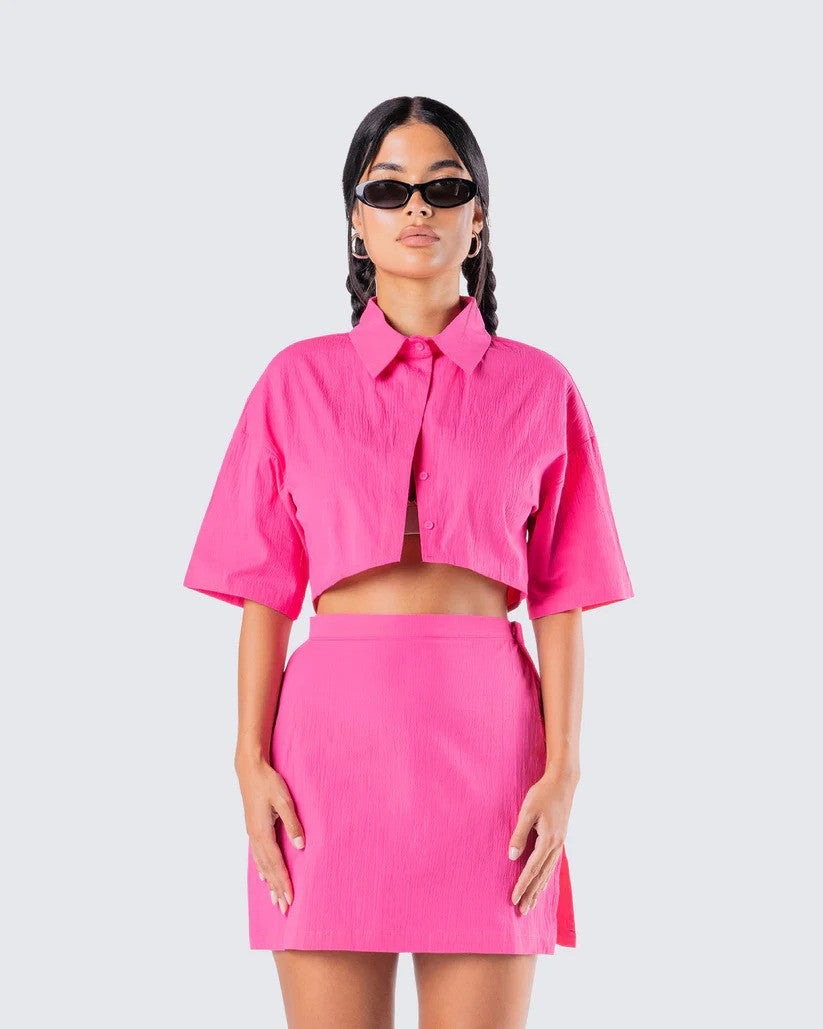 Pink Crop Shirt with Drop Shoulder Sleeves