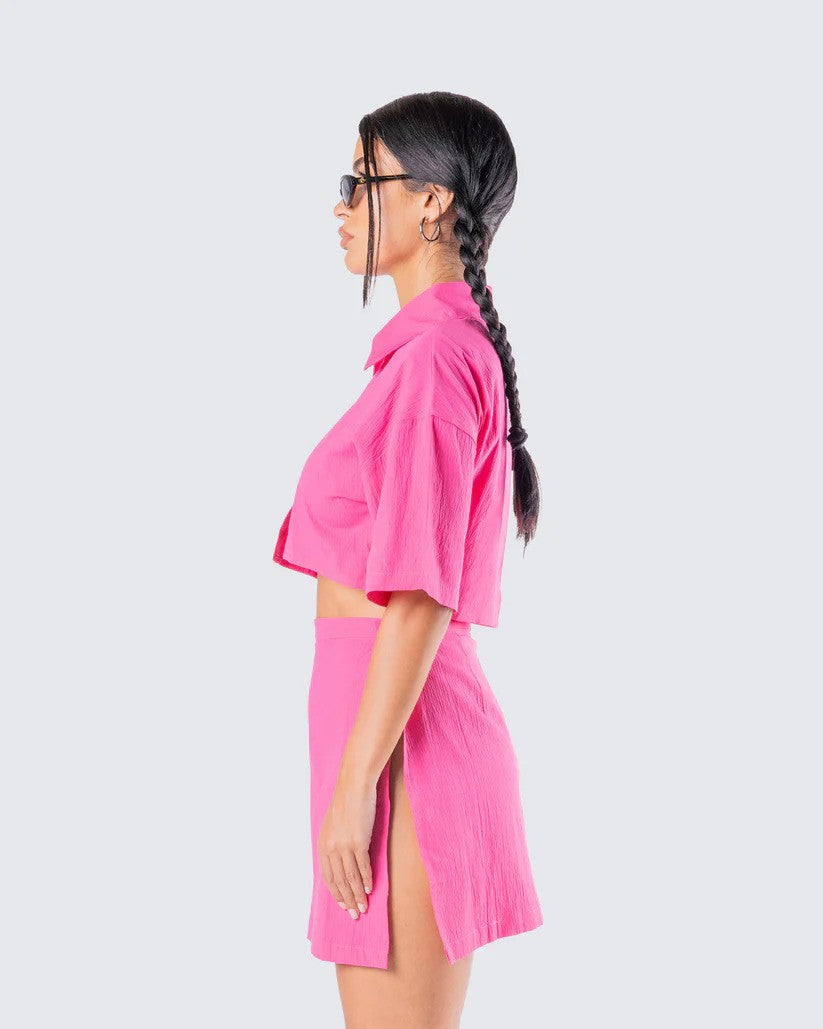 Pink Crop Shirt with Drop Shoulder Sleeves